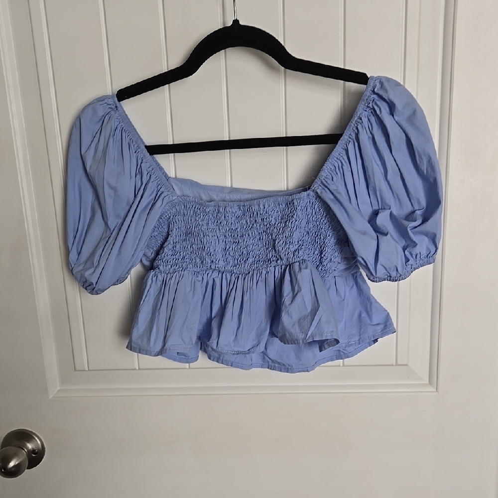 Altar’d State Blue Puff Sleeve Crop Top Off-Shoulder Smocked Back 100% Cotton - Picture 4 of 5